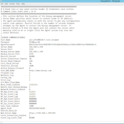 Screenshot of KaseyaD.ini file