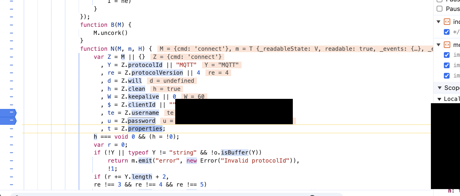 MQTT credentials obtained via the JavaScript debugger (redacted)