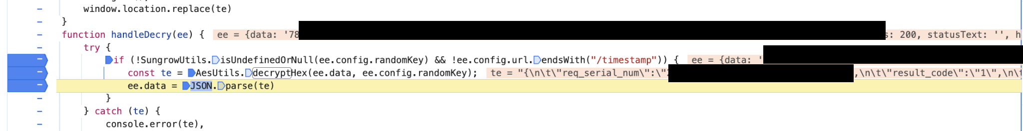 Obtaining the decryption material via JavaScript debugging (redacted)
